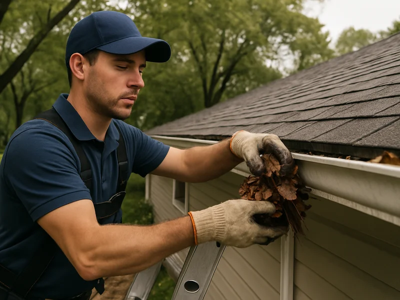 Technician cleaning a gutter on a home in South Sioux City, NE