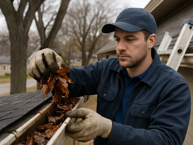 Technician cleaning a gutter on a home in Vermillion, SD