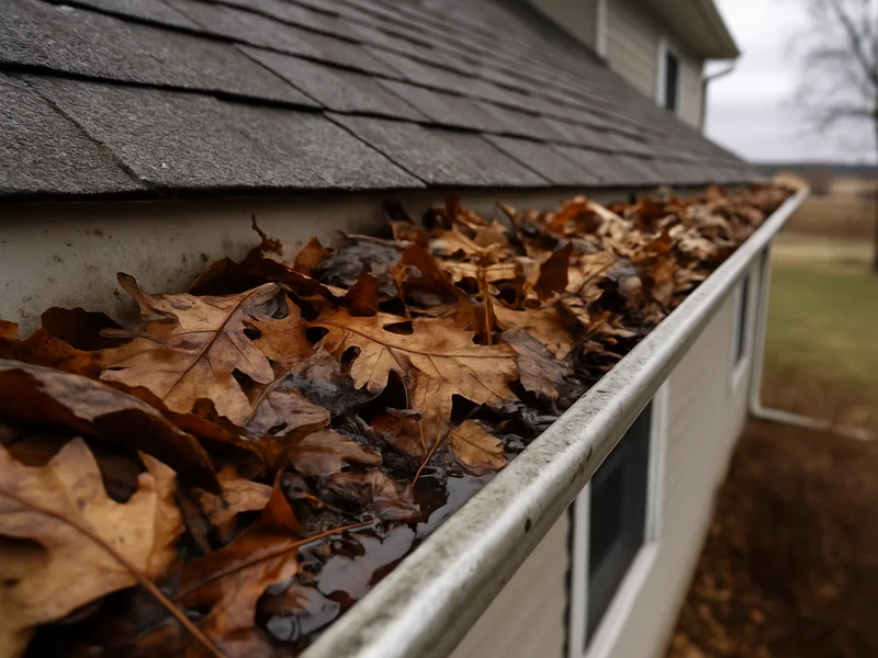 Before: unguarded gutter filling with wet leaves