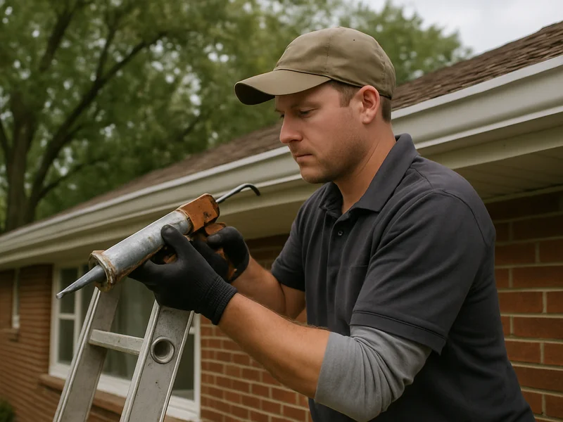 Technician repairing a gutter on a home in South Sioux City, NE